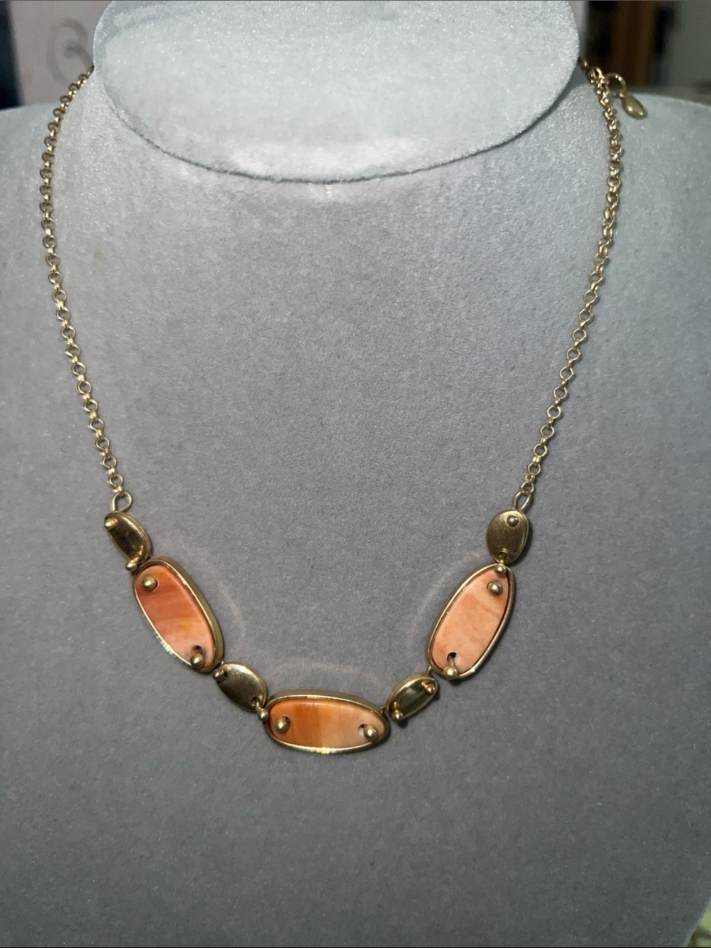 Gold-Tone Necklace with Peach Stone Inlays